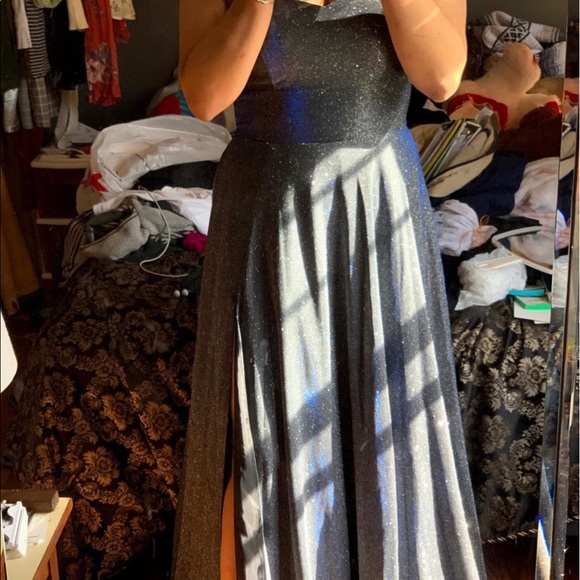 STRAPLESS HOLOGRAPHIC GLITTER BLUE/GRAY PROM DRESS - Picture 2 of 3